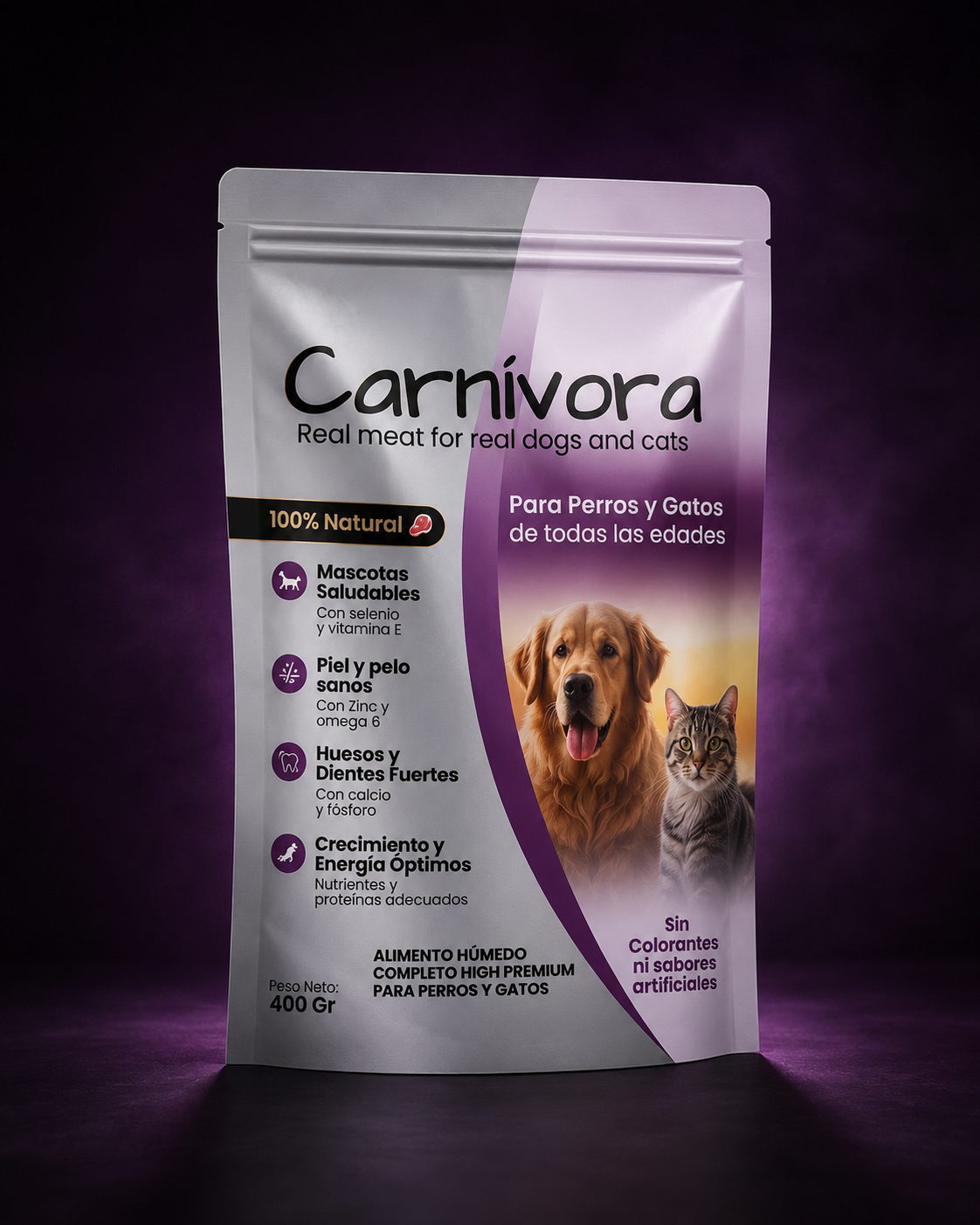 Empaque de Carnívora de 400 gr, alimento húmedo 100% natural para perros y gatos