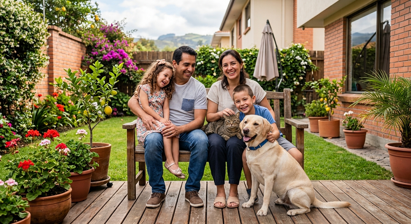 Familia disfrutando en el patio de casa con su perro y su gato